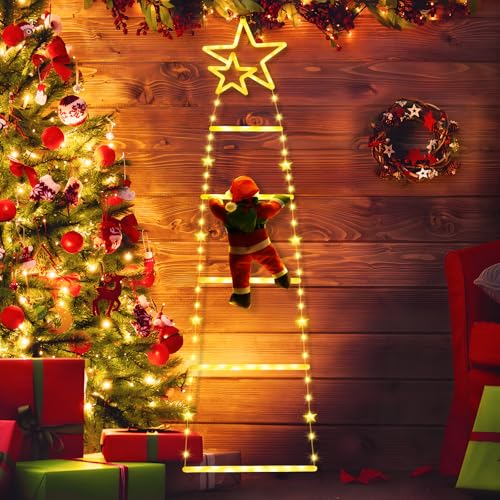 Possily LED Weihnachtsmann Leiter Lichterkette, 1M Leiter Weihnachtsbeleuchtung 8 Modi batteriebetriebene Weihnachtsdekorations Lichterkette mit Timer für Innen Außen Weihnachtsbaum Fenster Warmweiß von Possily