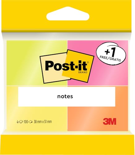 Post-it Notes, Verschiedene Neonfarben, Promotion, 3 Blöcke + 1 GRATIS, 38 mm x 51 mm - Selbstklebende Notizzettel zum Notieren, für To-Do-Listen und als Erinnerung von Post-it