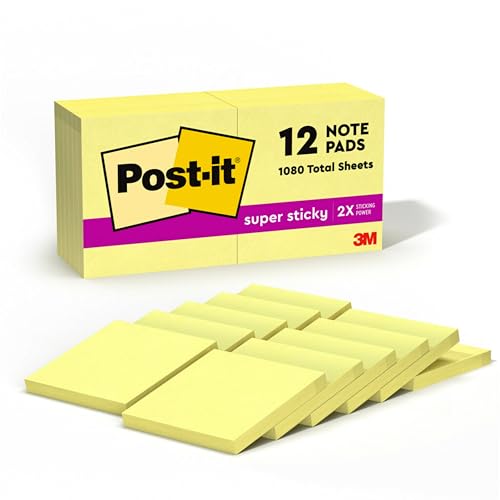 Post-it Super Sticky Notes Kanariengelb, Packung mit 12 Blöcken, 90 Blatt pro Block, 76 mm x 76 mm, Farbe: Gelb - Extra-stark klebende Notizzettel für Notizen, To-Do-Listen und Erinnerungen von Post-it