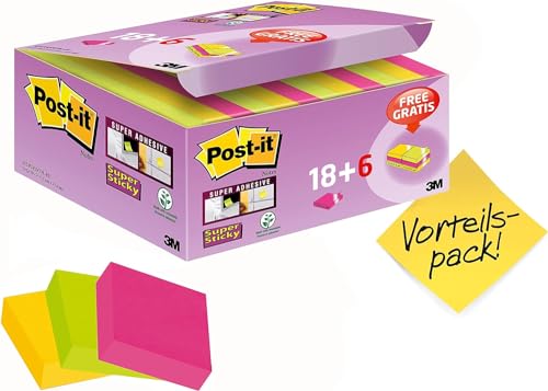 Post-It Super Sticky Notes, 47.6 mm x 47.6 mm, 18 Blöcke + 6 GRATIS, 90 Blatt pro Block - Selbstklebende Notizzettel für Notizen, To-Do-Listen und Erinnerungen von Post-it