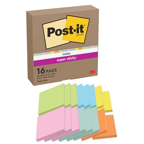 Post-it Super Sticky Notes, Packung mit 16 Blöcken, 90 Blatt pro Block, 76 x 76 mm, Farben: Pink, Orange, Blau, Grün, Gelb - Extra-stark klebende Notizzettel für To-Do-Listen und Erinnerungen von Post-it