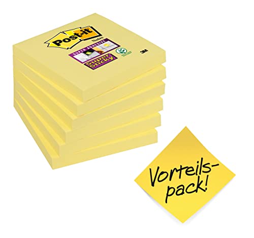 Post-it Super Sticky Notes Kanariengelb, Packung mit 6 Blöcken, 90 Blatt pro Block, 76 mm x 76 mm, Farbe: Gelb - Extra-stark klebende Notizzettel für Notizen, To-Do-Listen und Erinnerungen von Post-it