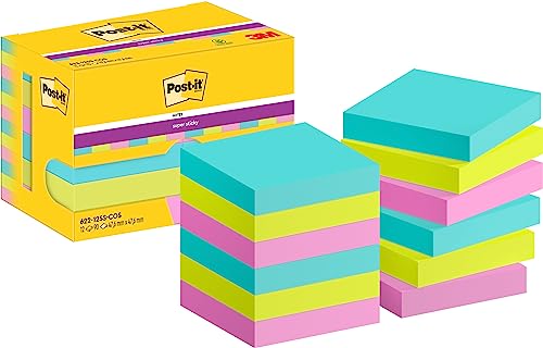 Post-it Super Sticky Notes Cosmic Collection, Packung mit 12 Blöcken, 90 Blatt pro Block, 47,6 mm x 47,6 mm, Türkis, Grün, Pink - Extra-stark klebende Notizzettel für Notizen und To-Do-Listen von Post-it