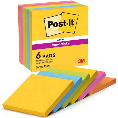 Post-it Super Sticky Notes Carnival Collection, Packung mit 6 Blöcken, 90 Blatt pro Block, 76 x 76 mm, Gelb, Blau, Grün, Pink - Extra-stark klebende Notizzettel für To-Do-Listen und Erinnerungen von Post-it