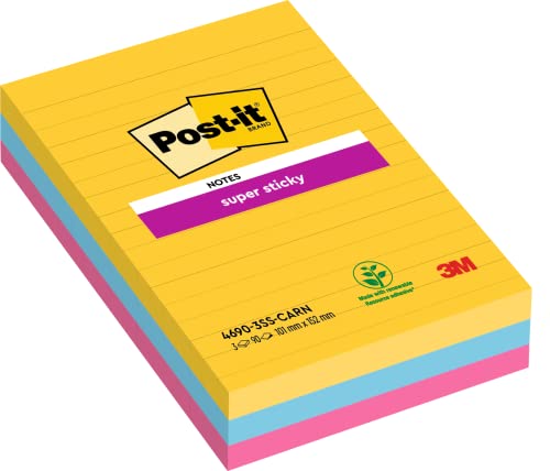 Post-it Super Sticky Notes, Carnival Collection, liniert, 101mm x 152 mm, 3 Blöcke á 90 Blatt zum Vorteislpreis von Post-it