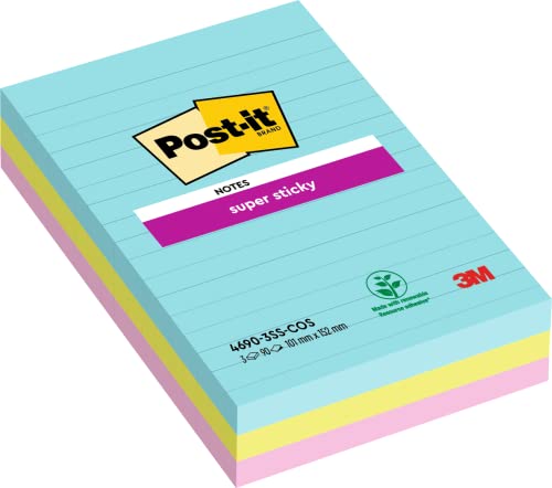 Post-it Super Sticky Notes im Großformat, Cosmic Collection, Liniert - 3 Blöcke, 90 Blatt pro Block, 101mm x 152 mm - Selbstklebende Notizzettel für Notizen, To-Do-Listen und Erinnerungen von Post-it