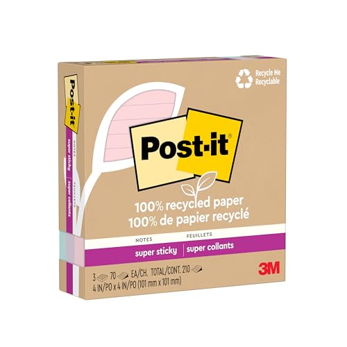 Post-it 100% Recycled Paper Super Sticky Notes, 2X The Sticking Power, 4x4 in, Lined, 3 Pads, 70 Sheets/Pad, Wanderlust Pastels Collection (675R-3SSNRP) von 3M