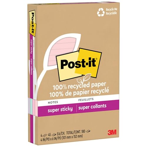 Post-it 100% Recycled Paper Super Sticky Notes, 2X The Sticking Power, 4x6 in, Lined, 4 Pads/Pack, 45 Sheets/Pad, Wanderlust Pastels Collection (4621R-4SSNRP) von Post-it