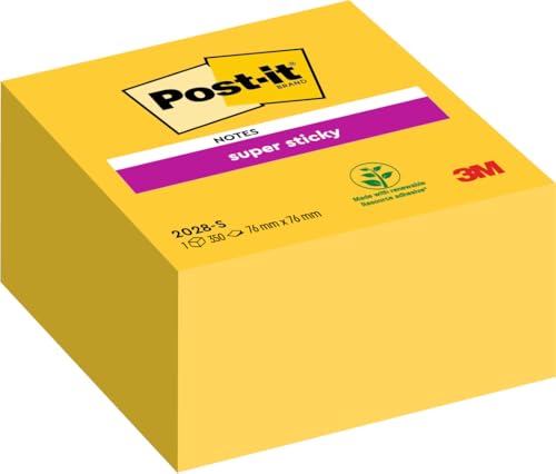 Post-it Super Sticky Notes Würfel, Gelb, 350 Blatt, 76 mm x 76 mm - Extra-stark klebende Notizzettel für To-Do-Listen und Erinnerungen von Post-it