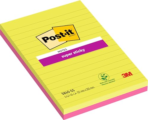 Post-it 5845SSU Haftnotiz Super Sticky Notes, 127 x 203 mm, liniert, 70 g, 4 Blöcke a 45 Blatt, neongrün/ultrapink von Post-it