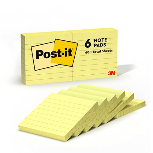 Post-it Notes, Gelb, Liniert, 6 Blöcke, 76 mm x 76 mm, 100 Blatt pro Block - Selbstklebende Notizzettel zum Notieren, für To-Do-Listen und als Erinnerung von Post-it