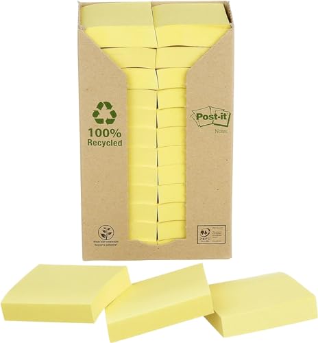 Post-it Recycling Notes Kanariengelb, Packung mit 24 Blöcken, 100 Blatt pro Block, 38 mm x 51 mm, Farbe: Gelb - Selbstklebende Notizzettel aus 100% Recyclingpapier von Post-it