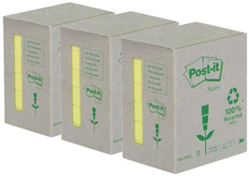 Post-it 6531B Recyclingpapier, 38 x 51 mm, 80 g/m², 3 x 51 x 38 mm, Gelb, 100 Blatt von Post-it