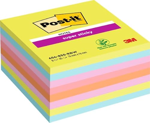 Post-it Super Sticky Notes, Verschiedene Farben, 8 Blöcke, 76 mm x 76 mm, 45 Blatt pro Block - Extra-stark klebende Notizzettel für To-Do-Listen und Erinnerungen von Post-it