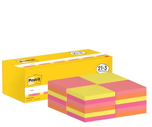 Post-it Notes, verschiedene Neonfarben, Promotion 21 Blöcke und 3 GRATIS, 76 mm x 76 mm, 100 Blatt pro Block - Selbstklebende Notizzettel zum Notieren, für To-Do-Listen und als Erinnerung von Post-it