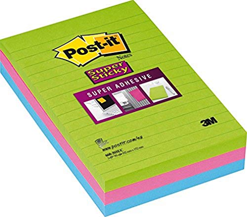 Post-it Super Sticky Notes im Großformat XXL, Liniert, 3 Blöcke, 101 mm x 152 mm, 90 Blatt pro Block - Extra-stark klebende Notizzettel für To-Do-Listen und Erinnerungen von Post-it