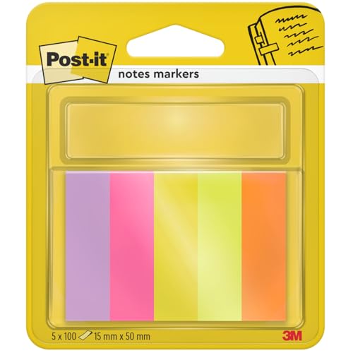 Post-it Page Marker, Verschiedene Farben, 5 Blöcke 15 mm x 50 mm, 100 Blatt pro Block - Markierungsstreifen für Dokumente und Notizen von Post-it