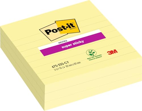 Post-it Super Sticky Notes im Großformat, Gelb, Liniert - 3 Blöcke, 101 mm x 101 mm, 70 Blatt pro Block - Extra-stark klebende Notizzettel für To-Do-Listen und Erinnerungen von Post-it