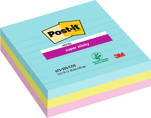 Post-it Super Sticky Notes im Großformat, Cosmic Collection, liniert, 101mm x 101mm, 90Blatt/Block, 3Blöcke/Packung von Post-it