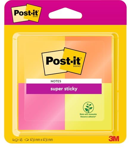 Post-it Super Sticky Notes, Verschiedene Neonfarben, 4 Blöcke, 47.6 mm x 47.6 mm, 45 Blatt pro Block - Extra-stark klebende Notizzettel für To-Do-Listen und Erinnerungen von Post-it