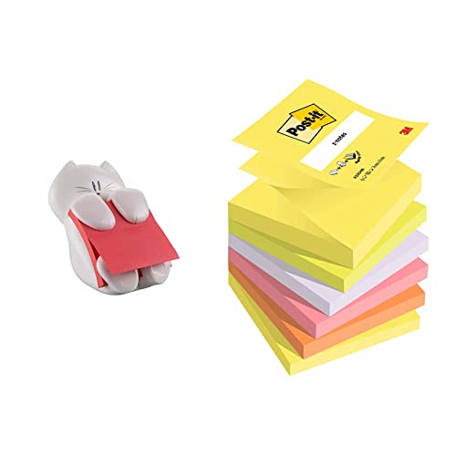 Post-it Dispenser Z-Notes CAT, Dispenser mit 1 Block Super Sticky Z-Notes, 90 Blatt pro Block, Farbe: Pink & Post-it Z-Notes Neon Rainbow Collection, Packung mit 6 Blöcken, 100 Blatt pro Block von Post-it