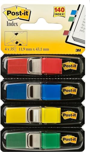 Post-it Index Flags schmal, Packung mit 4 Spendern, 35 Blatt pro Spender, 11, 9 mm x 43, 2 mm, Gelb, Rot, Grün, Blau - Zum Markieren, Hervorheben oder Farbcodieren wichtiger Informationen von Post-it