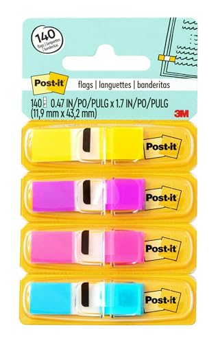 Post-it Index Flags Schmal, Packung mit 4 Spendern, 35 Blatt pro Spender, 11, 9 mm x 43, 2 mm, Gelb, Lila, Pink, Blau - Zum Markieren, Hervorheben oder Farbcodieren wichtiger Informationen von Post-it