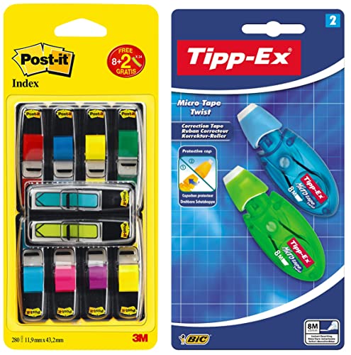 Post-it "Index Mini Promotion" Klebezettel Set zum Markieren", 11,9 x 43,2 mm & Tipp-Ex Korrekturroller Micro Tape Twist, Blau/Grün or Rot/Lila, 8m x 5mm von Post-it