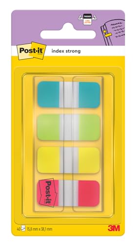 Post-it Index Strong Ablagetabs, Mini - 40 Haftstreifen 15.8 mm x 38.1 mm - Farben: Grün, Rot, Gelb, Blau - Extrastarke Haftstreifen für Dokumente und Informationen von Post-it