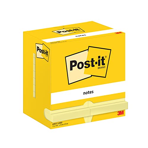 Post-it Notizen Kanariengelb, liniert, Packung mit 12 Blöcken, 100 Blatt pro Block, 76 mm x 127 mm, Farbe: Gelb - Selbstklebende Notizzettel für Notizen, To-Do-Listen und Erinnerungen von Post-it