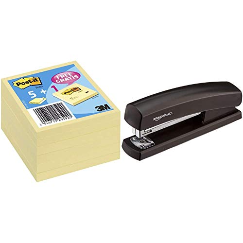 Post-it Notes Promotion 654Y6 – Selbstklebende Haftnotizzettel in 76 x 76 mm – 6 Notizblöcke quadratisch à 100 Blatt in Gelb & AmazonBasics Heftgerät mit 1.000 Heftklammern, Schwarz von Post-it