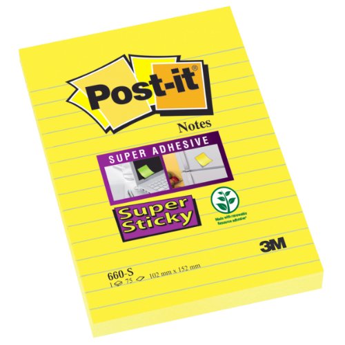 Post-it 660-S Haftnotiz Super Sticky Notes, liniert, 70 g, 102 x 152 mm, 75 Blatt, narzissengelb von Post-it