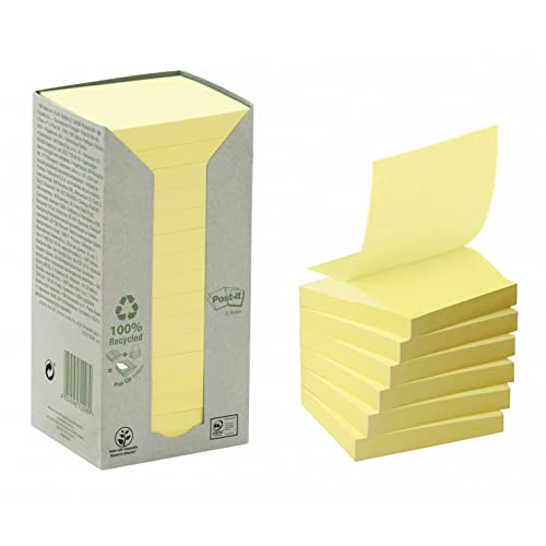 Post-it Haftnotiz Recycling Z-Notes Tower, Gelb - 16 Blöcke, 76 mm x 76 mm, 100 Blatt pro Block, Pastellgelb - Selbstklebende Notizzettel aus 100 % Recyclingpapier von Post-it