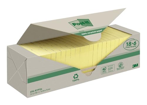 Post-it Recycling Notes, Gelb, Promotion, 18 Blöcke + 6 GRATIS, 76 mm x 76 mm, 100 Blatt pro Block - Selbstklebende Notizzettel aus 100% Recyclingpapier von Post-it