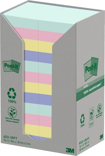 Post-it Recycling Notes, Assortierte Farben, Packung mit 24 Blöcken, 100 Blatt pro Block, 38 mm x 51 mm, Farben: Grün, Pink, Gelb, Blau - Selbstklebende Notizzettel aus 100% Recyclingpapier von Post-it