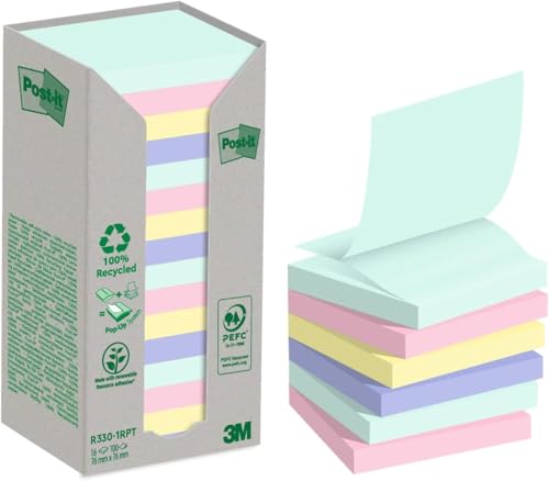 Post-it Recycling Z-Notes, Verschiedene Farben, Packung mit 16 Blöcke 76 mm x 76 mm, 100 Blatt pro Block - Selbstklebende Notizzettel aus 100% Recyclingpapier von Post-it