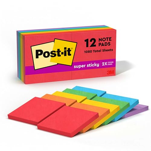 Post-it Super Haftnotizen, 7,6 x 7,6 cm, 12 Blöcke, 2 x Haftkraft, verschiedene helle Farben, recycelbar (654-15SSMULTI2) von Post-it