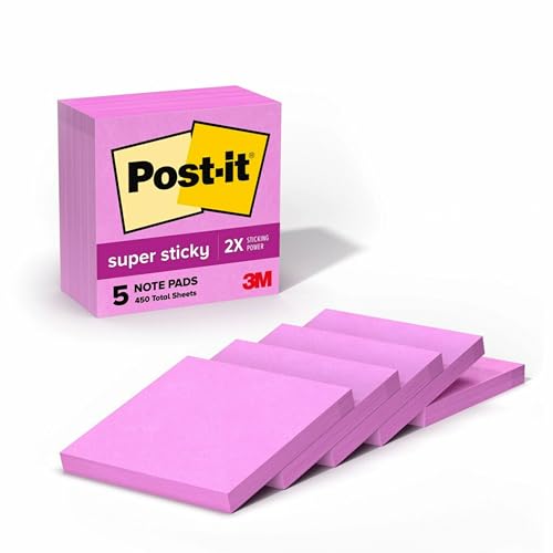 Post-it Super Sticky Notes, 5 Haftnotizblöcke, 7,6 x 7,6 cm, Schulbedarf, Büroprodukte, Haftnotizen für vertikale Oberflächen, Monitore, Wände und Fenster, tropisches Rosa von Post-it