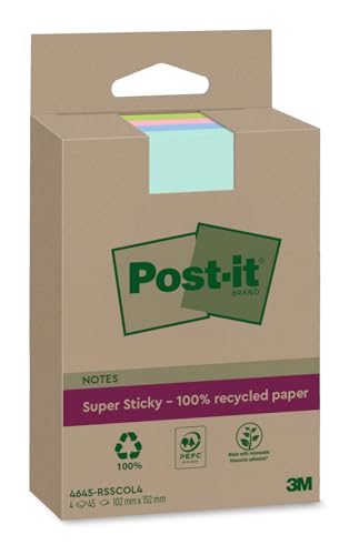 Post-it Super Sticky 100% Recycling Notes, Liniert - 4 Blöcke, 45 Blätter pro Block, 102 mm x 152 mm - Extra starke Haftnotizen aus 100% Recyclingpapier von Post-it