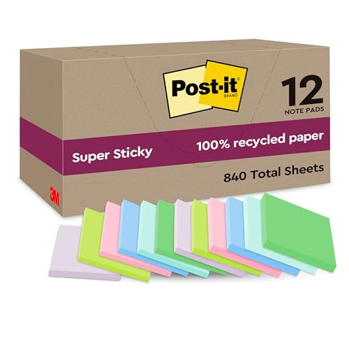 Post-it Super Sticky 100 % Recycling Notes, 12 Blöcke, 70 Blätter pro Block, 47.6 mm x 47.6 mm, Pink, Grün, Blau, Violett, Gelb - Extra starke Haftnotizen aus 100 % Recyclingpapier von Post-it