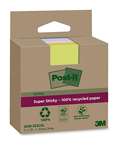 Post-it Super Sticky 100 % Recycling Notes, 3 Blöcke, 70 Blätter pro Block, 76 mm x 76 mm, Pink, Grün, Blau - Extra starke Haftnotizen aus 100 % Recyclingpapier von Post-it