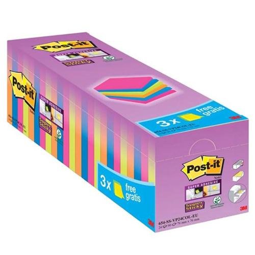 Post-it Super-Sticky 654-SS-VP24COL-EU Haftnotizen, 76 x 76 mm, sortiert, 24 Stück von Post-it