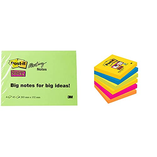 Post-it "Super Sticky Meeting Notes" extragroße Haftnotizen für kreativen Freiraum in 203 x 152 mm & Farbige Haftnotizen, Klebezettel und Haftnotizzettel in der Rio de Janeiro Kollektion, 76 x 76 mm von Post-it