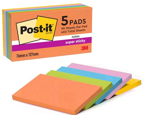 Post-it Super Sticky Notes Boost Color Collection, 5 Blöcke, 90 Blatt pro Block, 76 mm x 127 mm, Orange, Grün, Rosa, Gelb, Blau – extra Haftnotizen für Notizen, To-Do-Listen und Erinnerungen, Mittel von Post-it