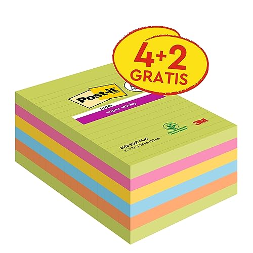 Post-it Super Sticky Notes, Oasis Collection, liniert, 101 mm x 101 mm, 6 Blöcke á 90 Blatt von Post-it