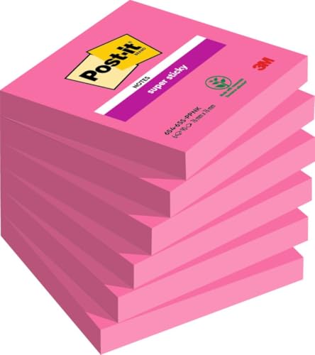 Post-it Super Sticky Notes, Pink - 6 Blöcke, 76 mm x 76 mm, 90 Blatt pro Block - Extra-stark klebende Notizzettel für To-Do-Listen und Erinnerungen von Post-it