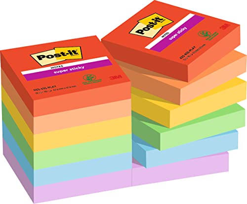 Post-it Super Sticky Notes Playful Collection, Packung mit 12 Blöcken, 90 Blatt pro Block, 47, 6 mm x 47, 6 mm, Rot, Orange, Gelb, Grün, Blau, Lila - Extra-stark klebende Notizzettel von Post-it