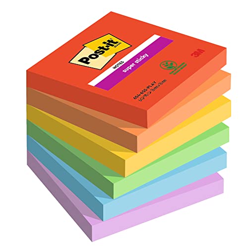 Post-it Super Sticky Notes Playful Collection, 6 Blöcken, 90 Blatt pro Block, 76 mm x 76 mm, Rot, Orange, Gelb, Grün, Blau, Violett - Extra-stark klebende Notizzettel für To-Do-Listen und Erinnerungen von Post-it