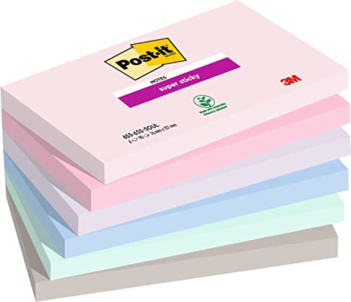 Post-it Super Sticky Notes Soulful Collection, Packung mit 6 Blöcken, 90 Blatt pro Block, 76 mm x 127 mm, Pink, Lila, Grün, Grau, Blau - Extra-stark klebende Notizzettel für Notizen, To-Do-Listen und Erinnerungen von Post-it