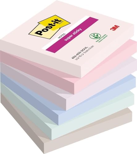 Post-it Super Sticky Notizen, Soulful, Packung mit 6 Blöcken, 90 Blatt pro Block, 76 mm x 76 mm, Rosa, Violett, Grün, Grau, Blau – Super Haftnotizen für Notizen und Aufgabenlisten von Post-it